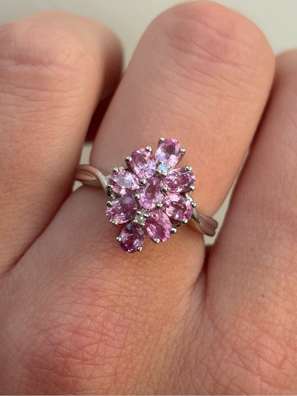 10k White Gold Diamond Pink Topaz Gemstone Cluster Cocktail Ring